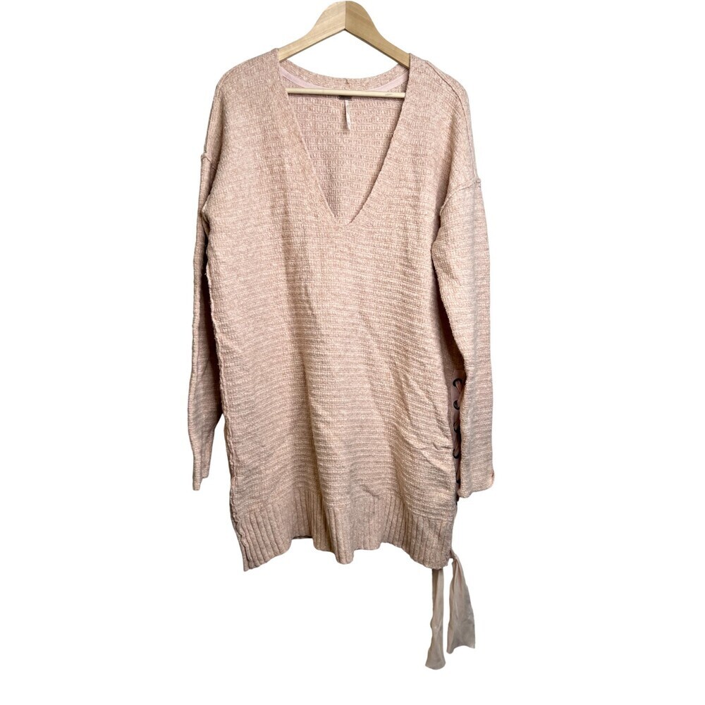 Free People Heart It Lace-Up Sweater Size Large Oversized Blush Pink Knit - Picture 2 of 6